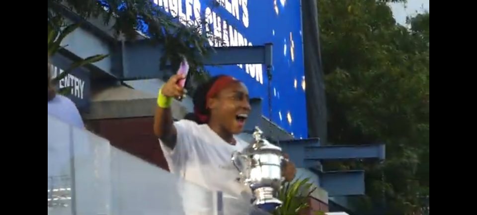Coco Gauff celebrates her 2023 US Open women's championship. (Photo by Derrel Jazz Johnson for rolling out.)