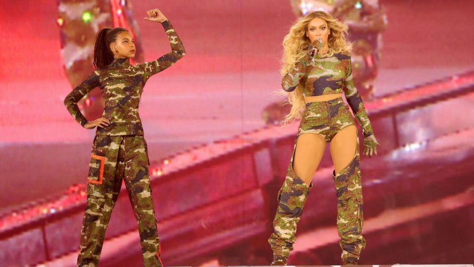 (L-R) Blue Ivy Carter and Beyoncé perform onstage during the RENAISSANCE WORLD TOUR at Mercedes-Benz Stadium on August 11, 2023 in Atlanta, Georgia. KEVIN MAZUR/WIREIMAGE FOR PARKWOOD.