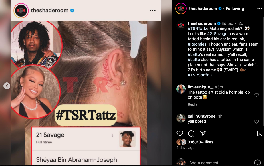 21 Savage reportedly gets new tattoo of Latto