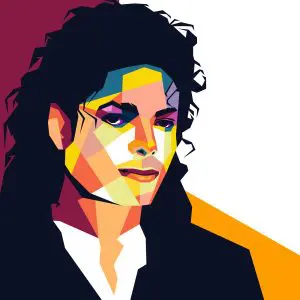 A illustration of Michael Jackson with a multi-colored face like a mosaic.