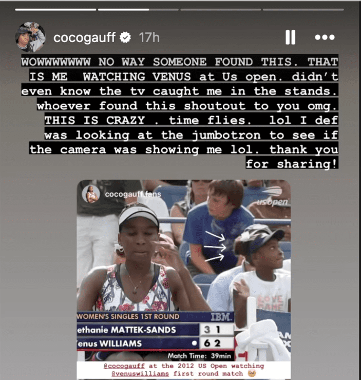 Coco Gauff shocked to receive old photo of her watching Venus Williams
