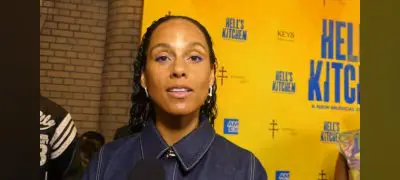 Alicia Keys discusses her Hell's Kitchen musical on the blue carpet on opening night. (Photo by Derrel Jazz Johnson for rolling out.)