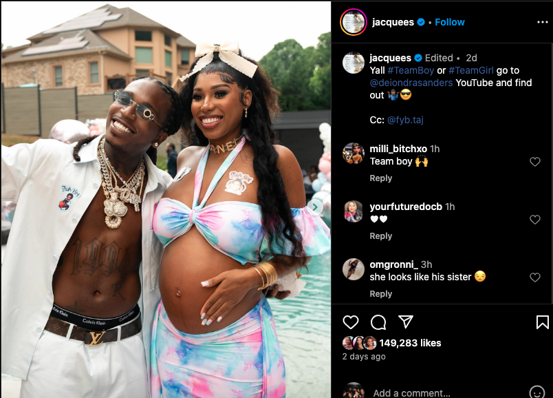 Jacquees and Deion Sander's daughter Deiondra host gender reveal (photos)