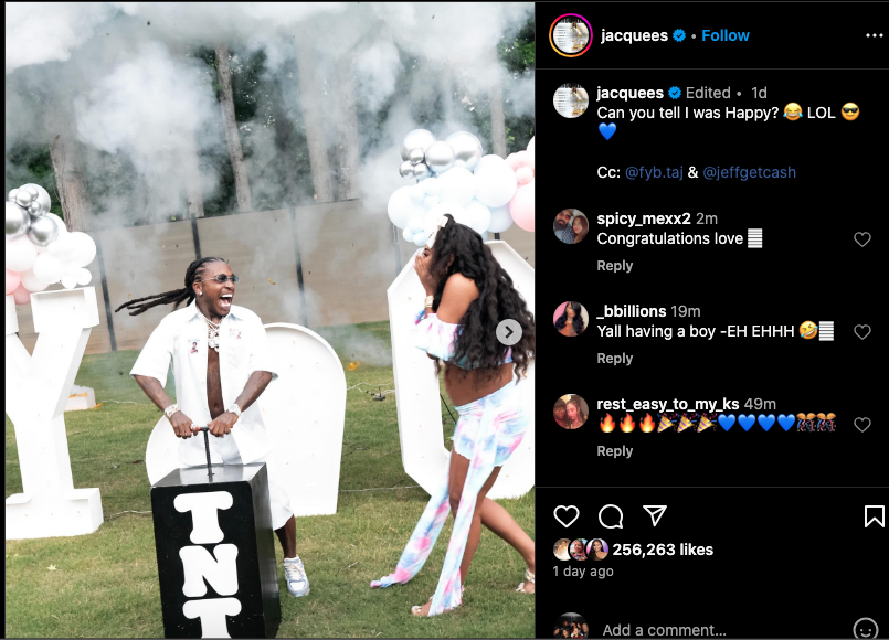 Jacquees and Deion Sander's daughter Deiondra host gender reveal (photos)