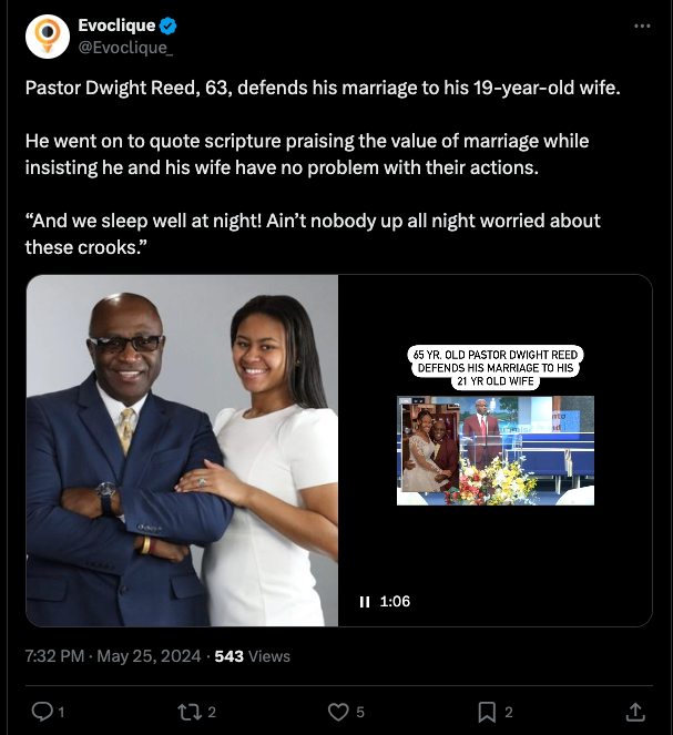 Pastor, 65, defends marrying his wife who was 19 at the time