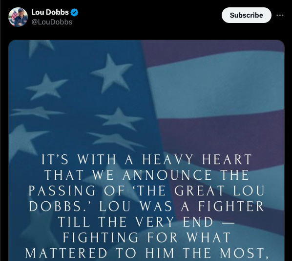 Former Fox News anchor Lou Dobbs has died at 78