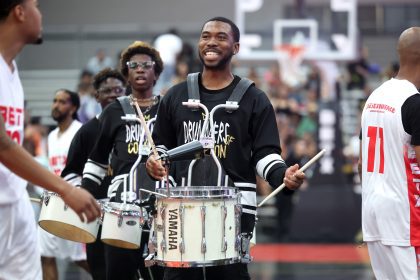 LOS ANGELES, CALIFORNIA - JUNE 29: Drummers Of Compton perform during the BET Experience Celebrity Basketball Game on June 29, 2024 in Los Angeles, California. (Photo by Randy Shropshire/Getty Images for BET)