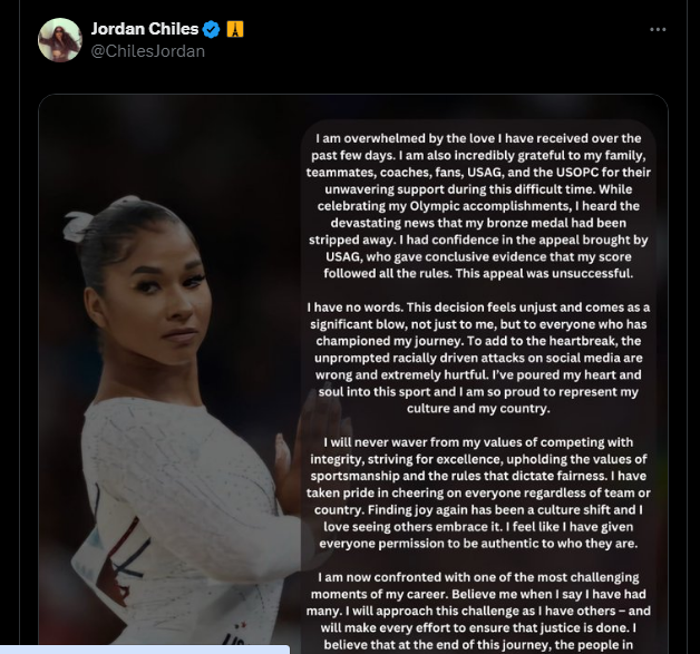 Jordan Chiles speaks out after bronze medal controversy