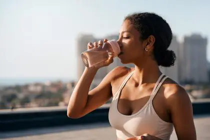 woman in sports bra drinking a sugary drink