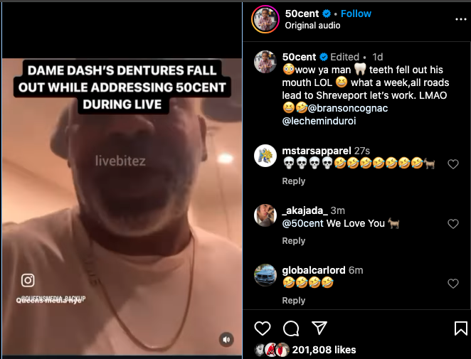 Dame Dash's laughs off his dentures falling out and 50 Cent clowning him