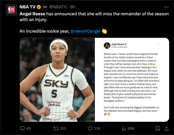 Angel Reese fans are crushed after learning she's out for the season