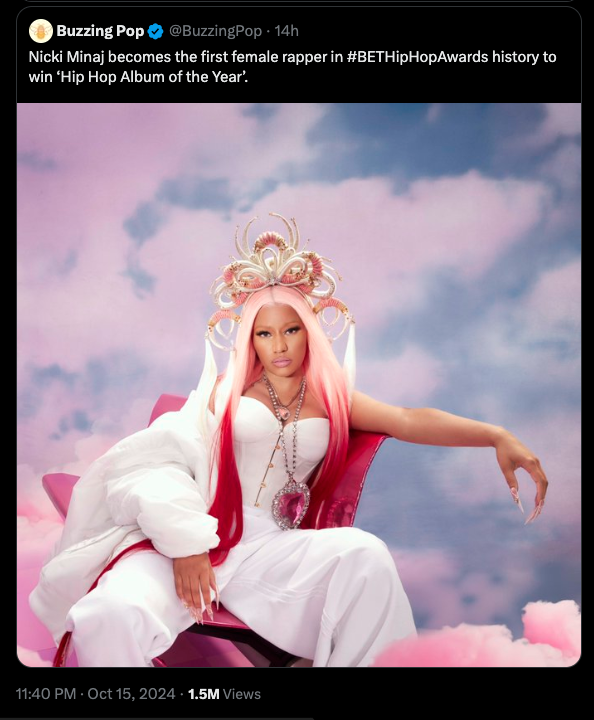 Nicki Minaj's shocking response after historic win at BET Hip Hop Awards