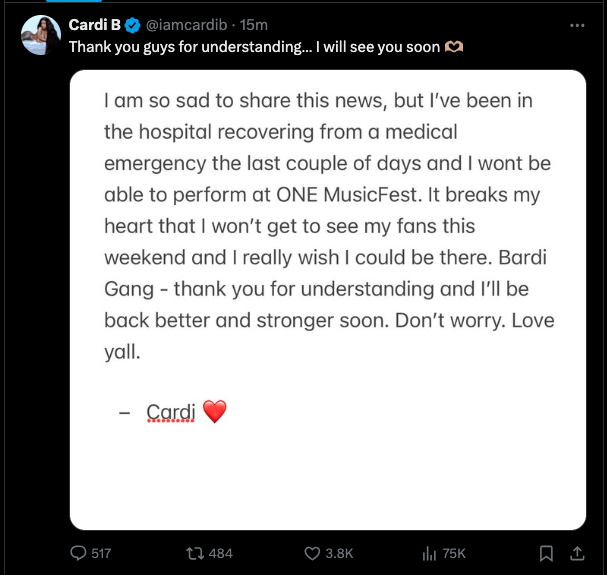 Cardi B hospitalized with a 'medical emergency'