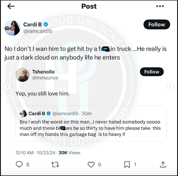 Cardi B 'wishes the worst' for estranged husband Offset