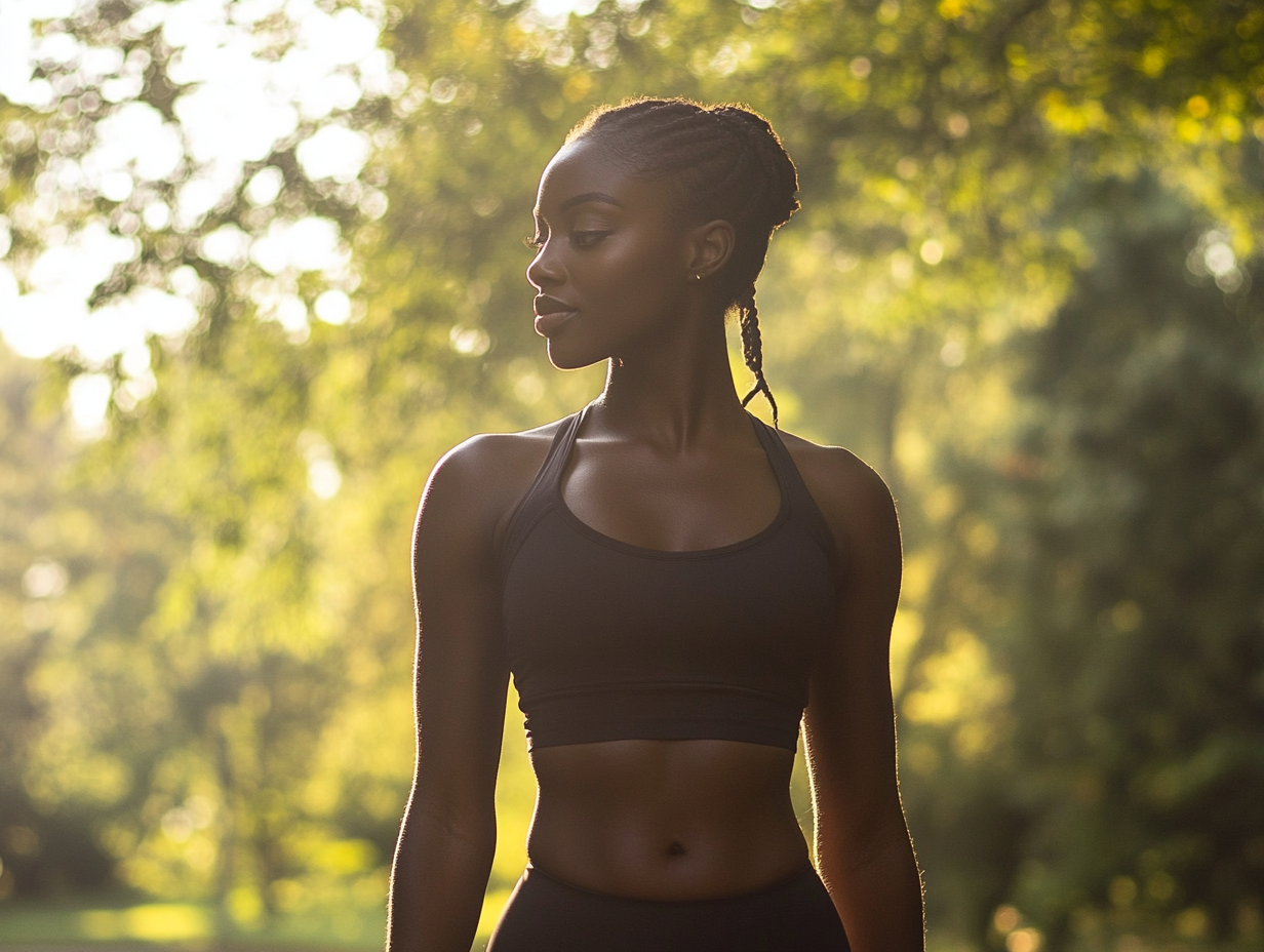 African American woman outside, getting ready to exercise