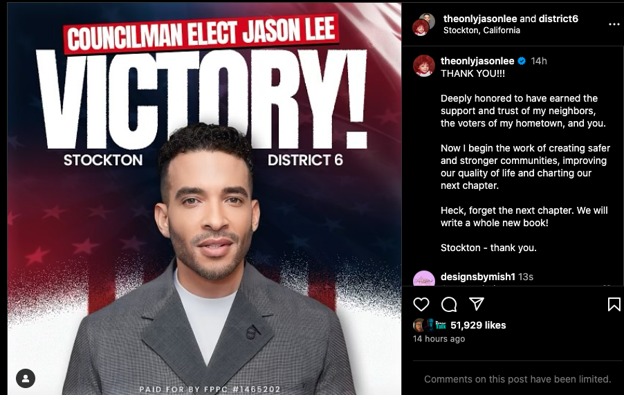 Jason Lee wins council seat in Northern California