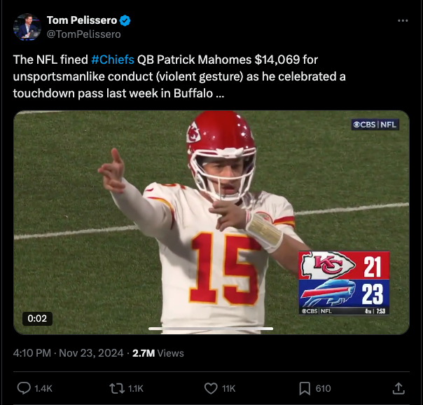 NFL superstar Patrick Mahomes fined for violent imagery during TD celebration