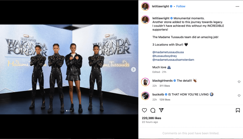 Letitia Wright celebrates her Madame Tussauds wax figure