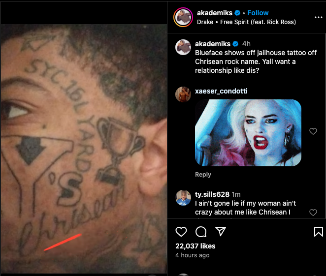 Blueface flaunts face tattoo of Chrisean Rock after she talks marriage (photo)