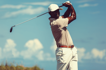 An African American golfer swinging his club