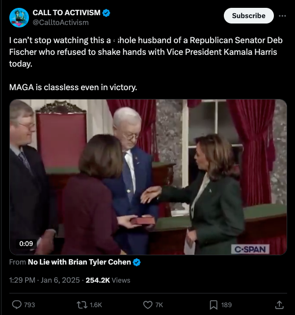 Senator's husband refuses to shake VP Kamala Harris' hand (video)