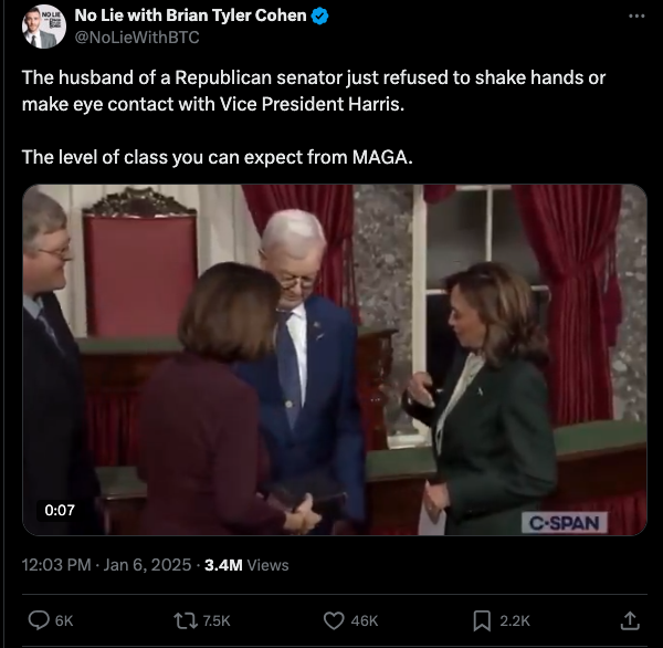 Senator's husband refuses to shake VP Kamala Harris' hand (video)