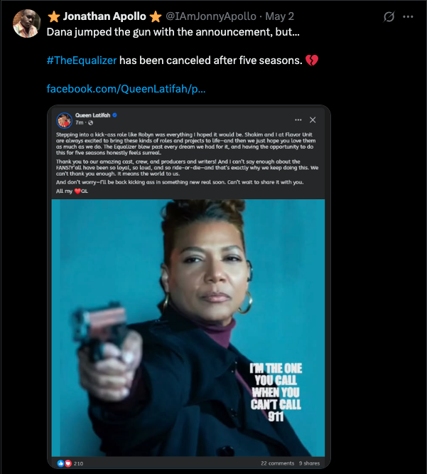 Queen Latifah speaks up after 'Equalizer' gets cancelled