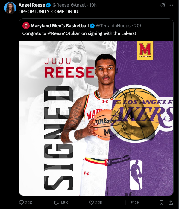 Angel Reese reacts after Lakers sign her undrafted brother